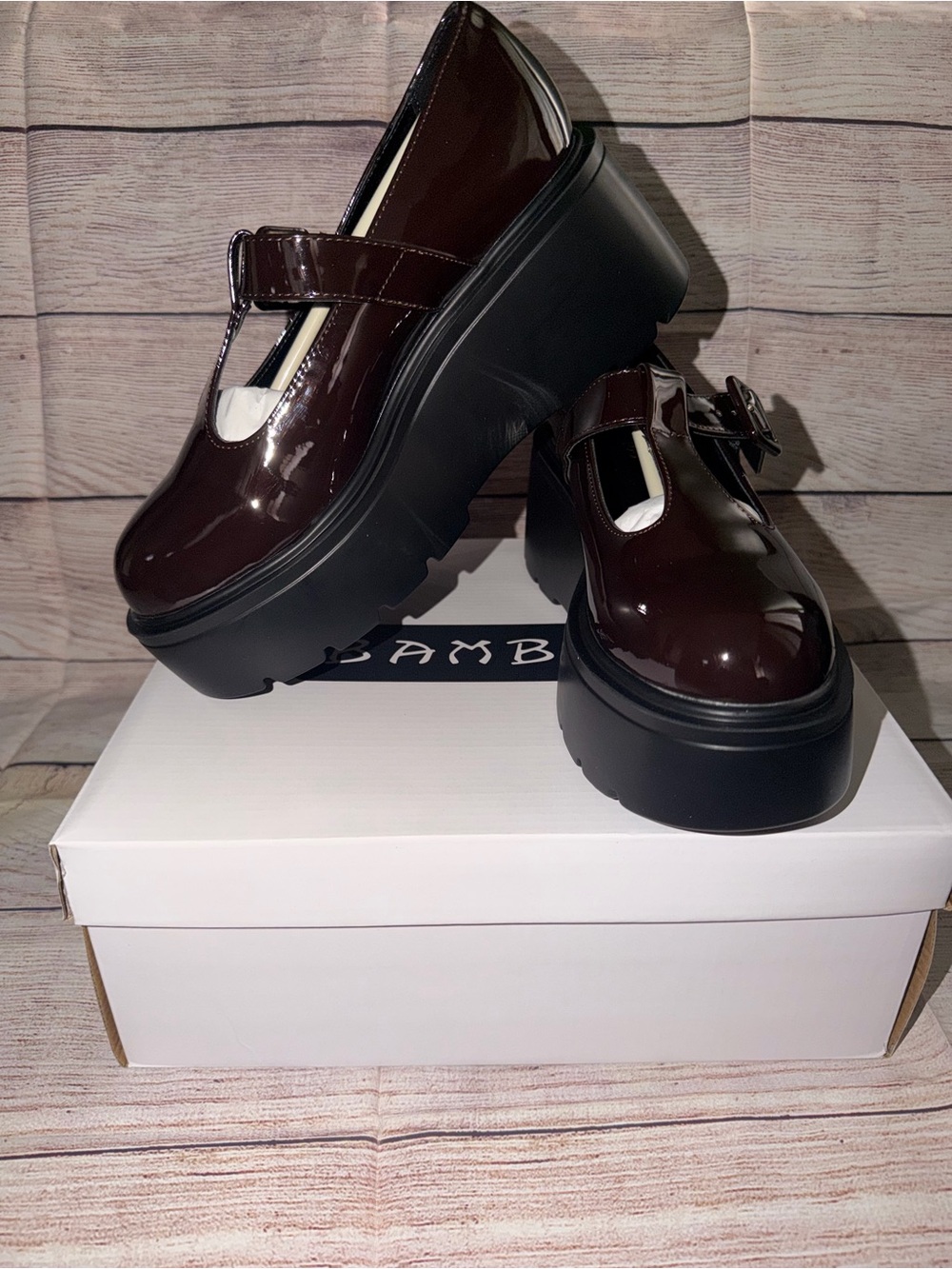 Platform Mary Jane Loafers in Deep Bordeaux Patent burgundy - Picture 2 of 7